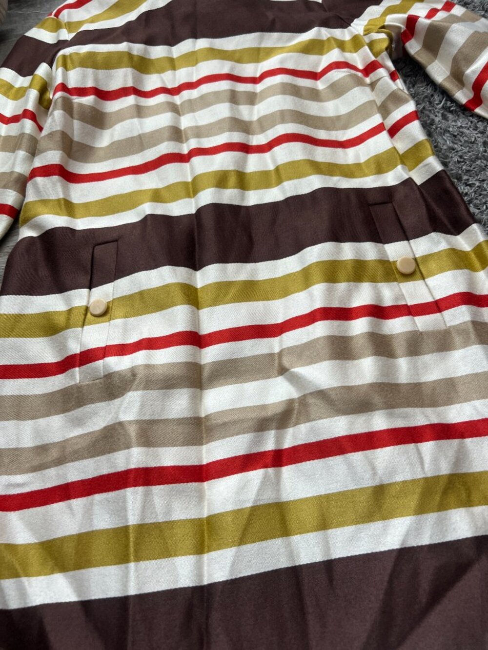 J McLaughlin Striped Shift Dress Red Green Brown 3/4 Sleeve Pockets Size 12 - Picture 9 of 12